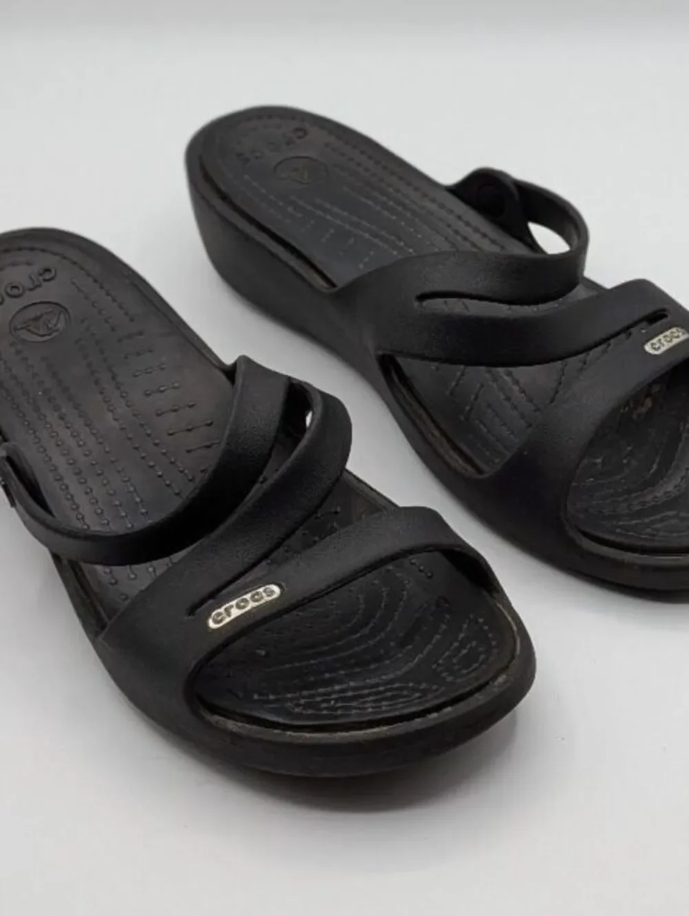 Crocs Size 8 $45 Black Croslite Wedge Slide Sandals Comfort Casual Lightweight